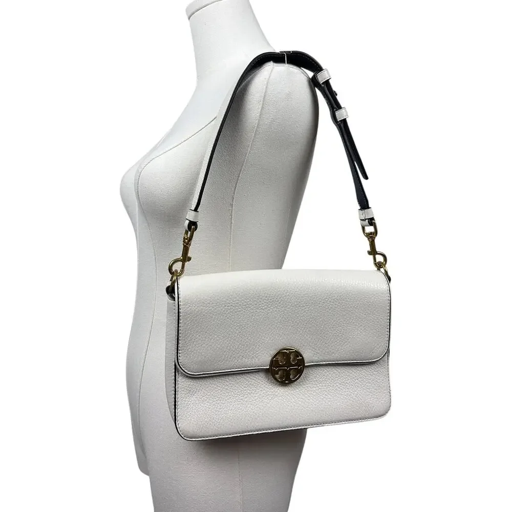 Tory Burch White Pebbled Leather Top Handle Convertible Shoulder Bag